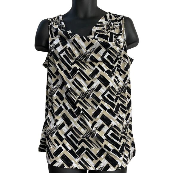 GNW Cowl Neck Sleeveless Top Womens XL Black Beige Abstract Print Statement Chic - Picture 1 of 6